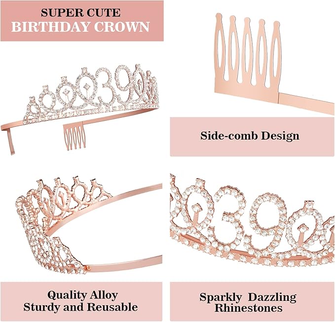 39th Birthday Decorations, Rose Gold Sash, Crown, Candles & Cake Topper, Set of 6 for Women