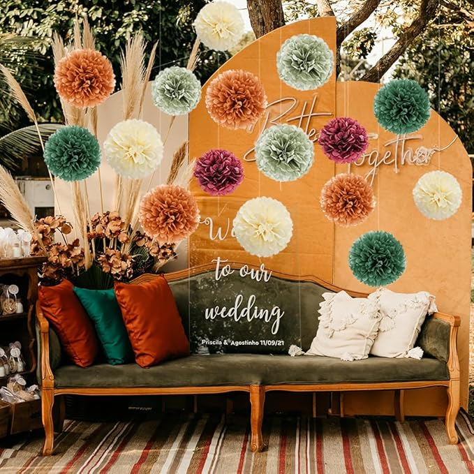Fall Party Decorations 16pcs Orange Green Tissue Pom Pom Decorations Burgundy Sage Green Fall Decorations for Autumn Bridal Shower Baby Shower Wedding Birthday Engagement Party Decorations