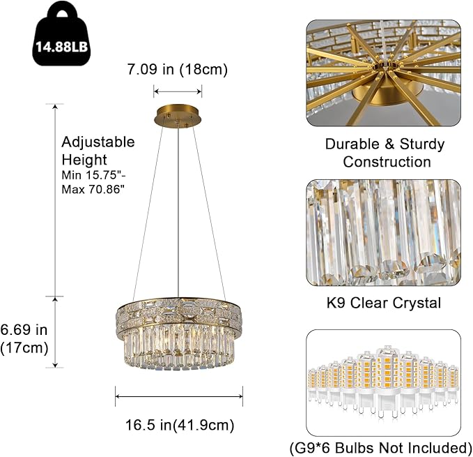 Crystal Chandelier, 16.5" 6-Light Gold Chandelier for Living Room, Round Chandeliers for Dining Room Dimmable, High Ceiling Chandeliers Hanging Lights for Entryway Bedroom