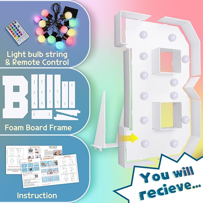 imprsv 4FT Colorful Marquee Light Up Letters B, 18 Colors Large Light up Letters Alphabet Sign with Remote, Large Marry Me Sign, Birthday Party Decorations Baby Shower Anniversary Wedding Decoration