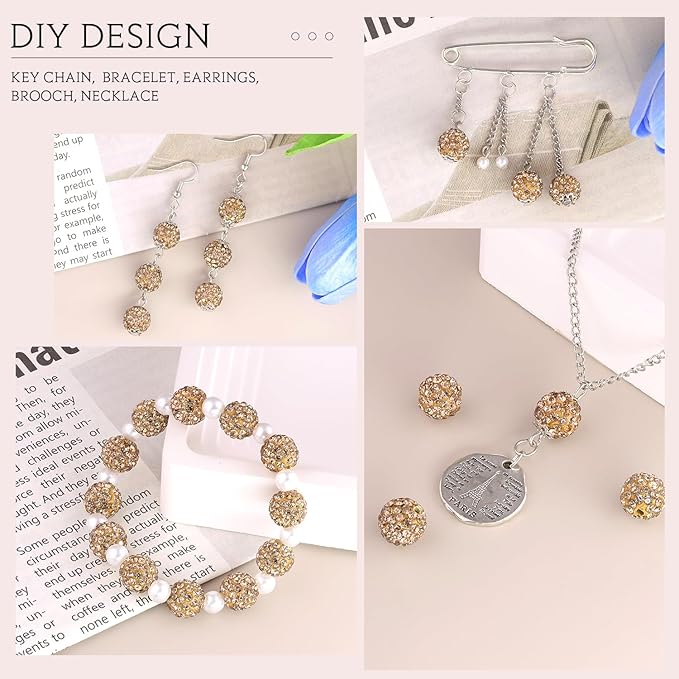 200pcs 10mm Light Brown Rhinestone Beads for Jewelry Making, Shiny Round Shamballa Disco Ball Beads, Sparkle Crystal Clay Christmas for Bracelet Baseball Necklace Earring Crafting and DIY