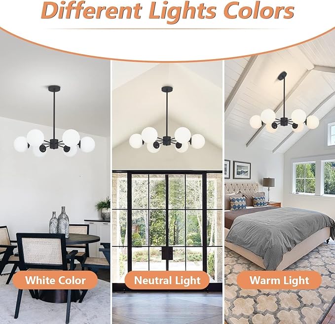 KCO Lighting Matte Black Sputnik Chandelier Light Fixture Mid Century 6-Light Milk Glass Ball Chandelier Modern Globe Flush Mount Ceiling Light Kitchen Island Dining Lighting Fixture (Black+White)