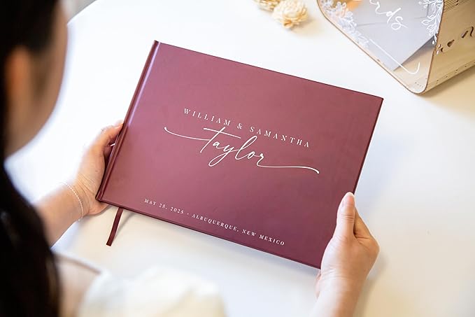 Personalized Guest Book - 11.5" x 8.5" Custom Bride & Groom Names with Bookmark and Hard Cover 140 GSM Blank Pages, for Weddings Guest Book, Engagements, Birthdays, Special Events, Wine