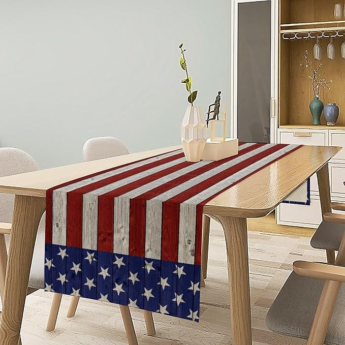 American Flag Table Runner, 4th of July USA Rustic Vintage Wooden Blue Red Stars Stripes Print Table Runner for Farmhouse Kitchen Dining Table Decor, 13x120inch