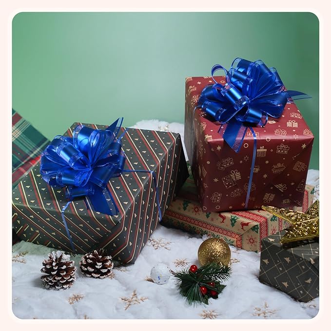 6 PCS 6 Inch Organza Blue Pull Bows - Perfect for Gift Wrapping, Wedding Decor, Car Bows, Birthday Parties, Christmas, and Valentine's Day