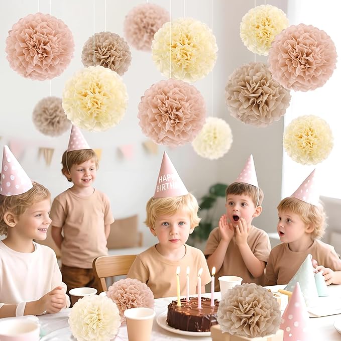EASY JOY Boho Tissue Pom Poms Paper Flowers Hanging Decorations Brown Beige Party Decor for Bridal Shower Decorations Autumn Home Decor Baby Shower Wedding Nursery Birthday Backdrop 15PCS