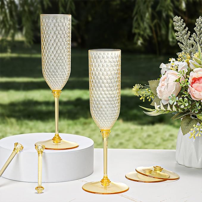 XUWAIDSGN 24 Pack Amber Detachable 2 piece Champagne Flutes 5.5 Oz Unbreakable Plastic Mimosa Disposable Champagne Glasses Drinking Cups Stemmed Reusable Wine Toasting Glasses for Wedding (24, Amber)