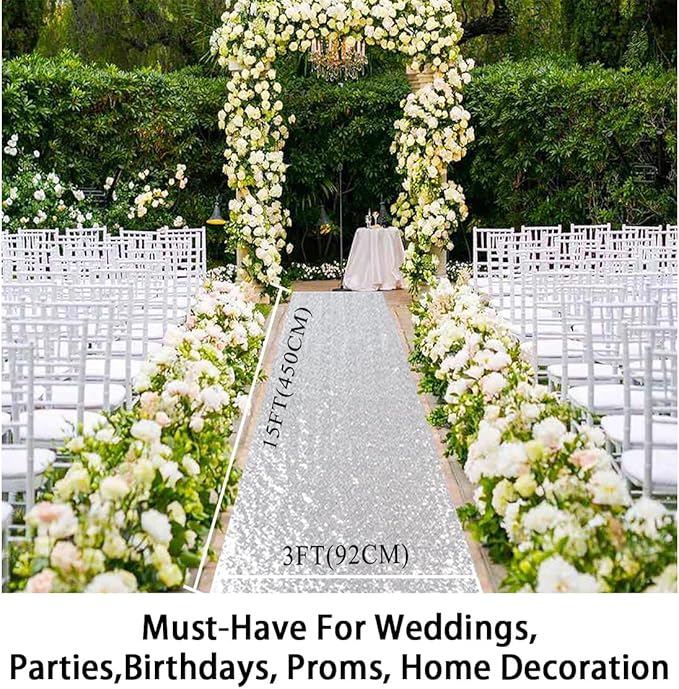 ShinyBeauty Silver Sequin Aisle Runner - 3FTx15FT for Wedding Ceremonies, Outdoor Events & Special Occasions