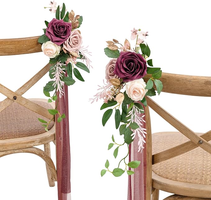 Ling's Moment 8pcs Aisle Pew Artificial Flowers Arrangements for Wedding Ceremony Chair Back Floral Decorations with Chiffon Ribbon Marsala Blush Pink Reception Church Rose Faux Hanging Party Outdoor