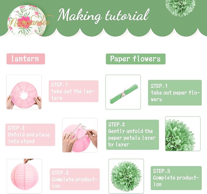 NICROLANDEE Wedding Party Decorations, 12 PCS Green Pink Blooms Paper Lanterns Tissue Pom Poms for Fairy Birthday Party Decorations, Foil Gold Butterfly Baby Bridal Shower Spring Easter Party Decor