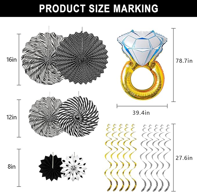 Black Silver Party Decorations - Bridal Shower Decorations Set Bachelorette Party Supplies with Bride to Be Banner,Bride Foil Balloon,Diamond Ring Foil Balloon,Paper Fan Hanging Swirl