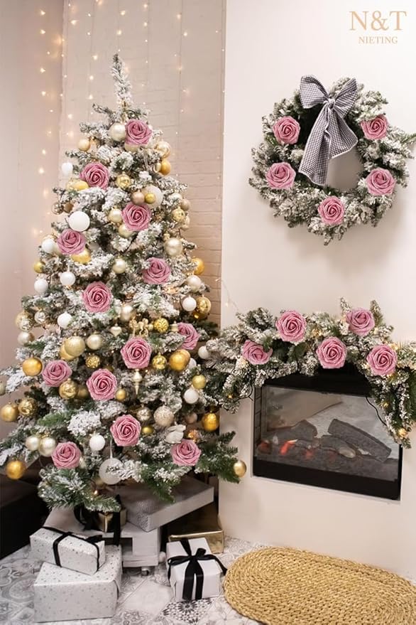 N&T NIETING Artificial Flowers Glowing Dark Pink Flowers Foam 25pcs Glitter Roses Real Looking Fake Roses with Stem for DIY Wedding Bouquets Centerpieces Bridal Shower Party Home Decorations