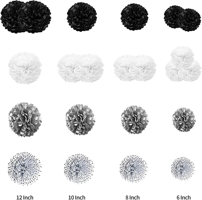 Tissue Paper Pompoms Paper Flower 22 Pcs Black,Silver, Polka Dot, White Paper Flower Ball for Birthday Bachelorette Wedding Baby Shower Bridal Shower Party Decoration