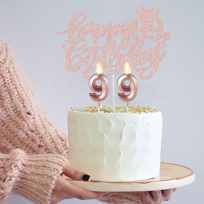 99th Birthday Decorations for Women Including Birthday Sash and Tiara, Candles and Cake Topper, Gifts for 99 Year Old Woman, Rose Gold Party Decor Supplies