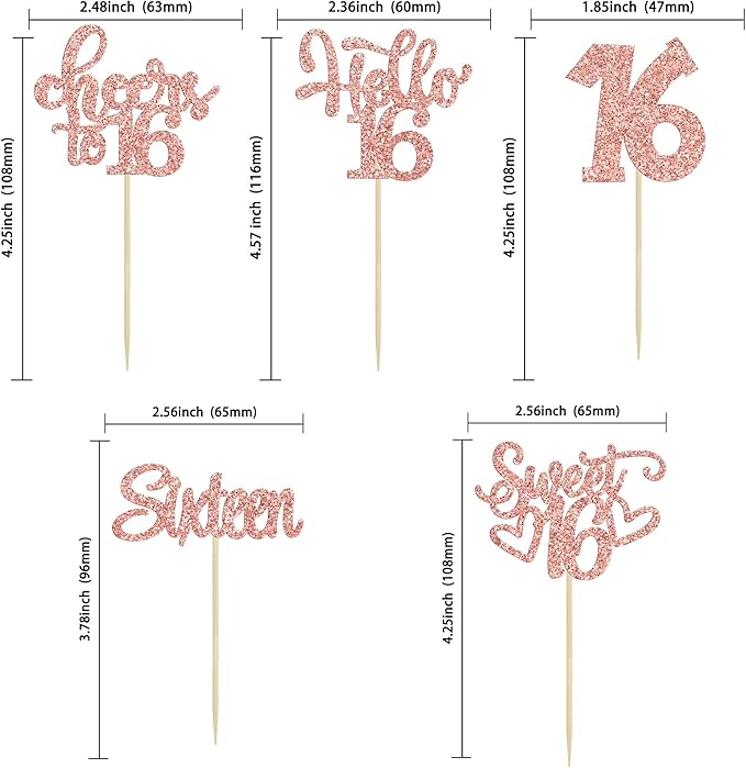 30pcs 16th Birthday Cupcake Toppers - Sixteen Happy Cupcake Picks, Cheers to Sweet 16 Cake Decorations in Rose Gold Glitter