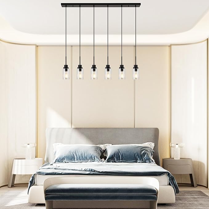 6 Lights Island Lights for Kitchen Modern Industrial Black Linear Chandeliers with Clear Glass Shade for Dining Room Kitchen Long Finish Ceiling Lighting Fixtures