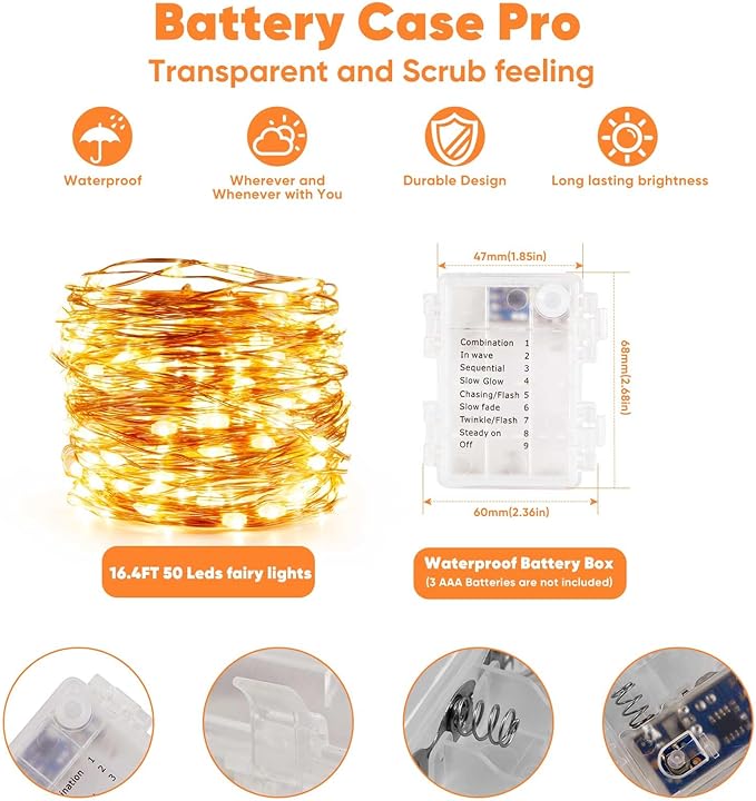 1 Pack 16.4 Ft. Battery Operated Outdoor String Lights with Remote & Timer, LED Warm White Fairy Lights, Waterproof Twinkle Lights for Bedroom, Dorm, Mason Jar, Wedding, Party, Christmas
