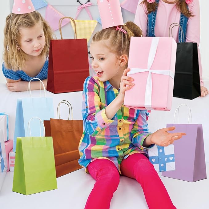 BAG BOX 100 Pack Medium 8.25x4.3x10.6 Inch Red Kraft Paper Gift Bags with Handles for Bulk Shopping, Retail, Craft, Party Favors, Wedding, Grocery & Sacks