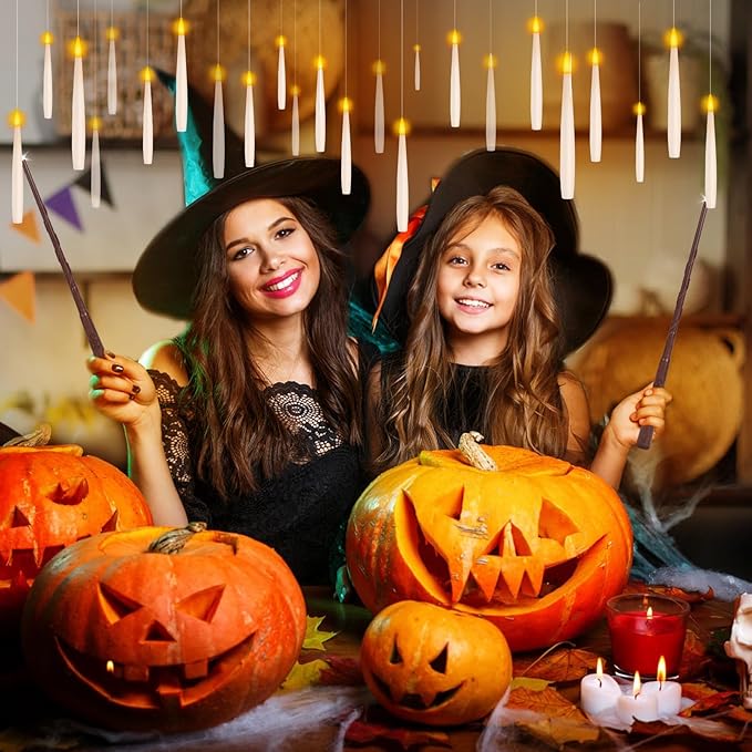 NURADA Floating Candles with Wand Remote Timer - 24 Pcs Magic LED Hanging Flameless Taper Candles Flickering Battery Operated for Halloween Birthday Theme Party Holiday Home Window Decor - White