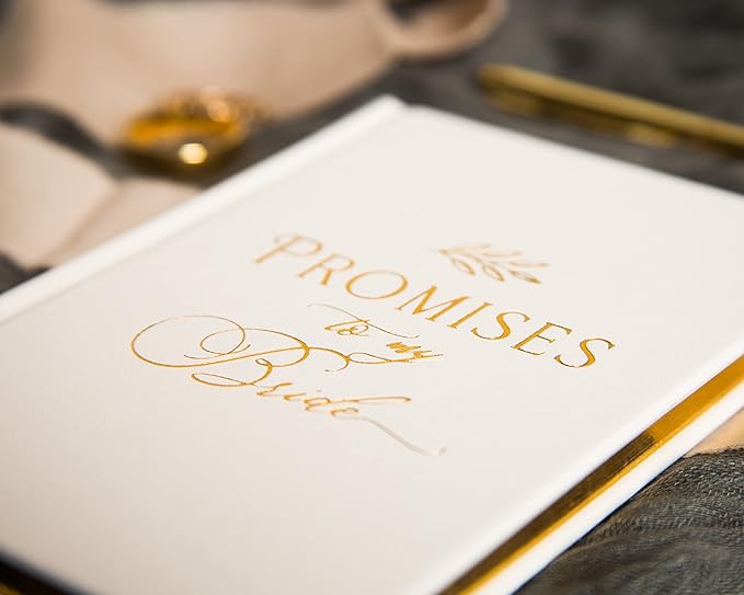 MUUJEE Promises To My Groom and Promises to My Bride Wedding Vow Books (Set of 2) - White Gold Foil Embossed Notebook Journal for Wedding Ceremony Vow Renewal - Wedding Gift Ideas