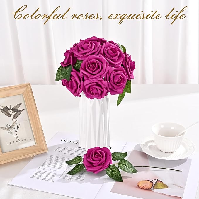BLEUM CADE 16Pcs Artificial Flowers Fake Roses with Stems, Rose Red Boxed Foam Roses for DIY Bouquets Centerpieces Wedding Party Arrangement Bridal Shower Decor