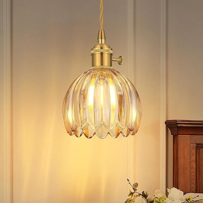 Vintage Gold Pendant Light, Pendant Light Fixtures with 70 Inch Cord and Amber Tulip Glass Lampshade, Ideal for Kitchen Island, Dining Room, Bedroom, Living Room & Entryway (Hardwired)