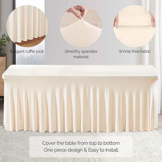 Wish Care 2 Pack Ivory Spandex Table Clothes for 4 Foot Rectangle Tables, 4FT Wrinkle Free Fitted Tablecloths Ruffles Design Table Cover for Party, Banquet, Wedding and Events
