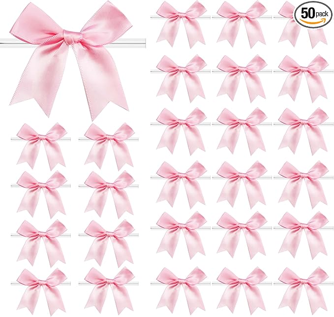 50 PCS Twist Tie Bows Satin Ribbon Bows 3.3 Inch Gift Wrap Bows Craft Bows for Gift Wrapping, Party Decorations Gifts Bag DIY Treat Bags Wedding Decor Baby Shower Christmas (Light Pink)