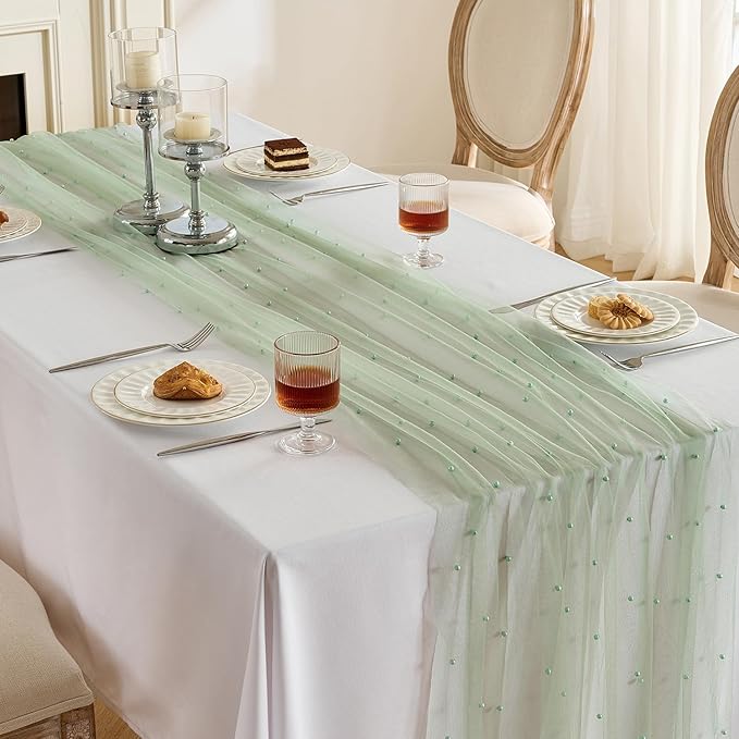 Fanami 3 Pack Pearl Table Runner -10FT Sage Green Boho Tulle Table Runners 120 Inches Long Rustic Sheer Lace Fabric Centerpieces for Wedding Arch Birthday Party Bridal Veil Baby Shower Decorations