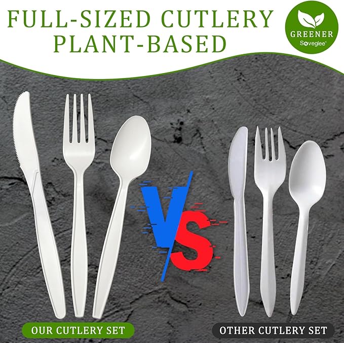 300 Count 100% Compostable Silverware, Ivory White Disposable Silverware, Plastic Forks Spoons Knives Bulk, Compostable Utensils No Plastic Silverware, Compostable Cutlery for Party Office Wedding