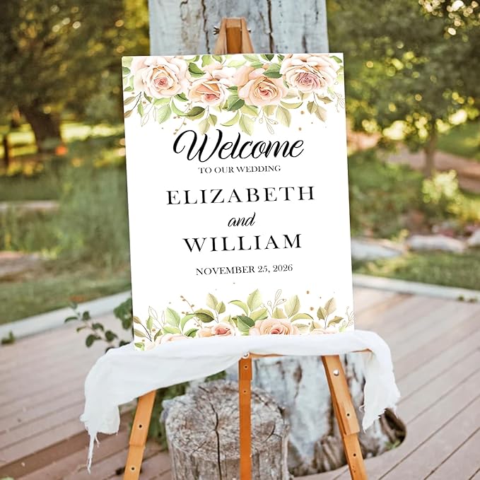 Gentle Pink Rose Wedding Welcome Sign, Minimalist Floral Template, Editable Printable Sign for Ceremony or Reception
