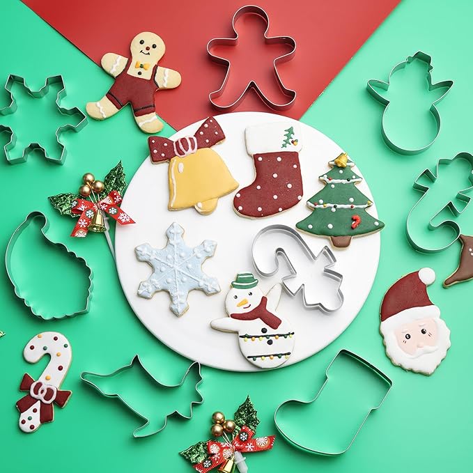 Christmas Cookie Cutters Set- 9 Piece Stainless Steel Winter Holiday Metal Shapes-Christmas tree, Snowman, Candy Cane, Bells, Snowflakes, Gingerbread Man, Reindeer, Socks,Santa Face Shapes