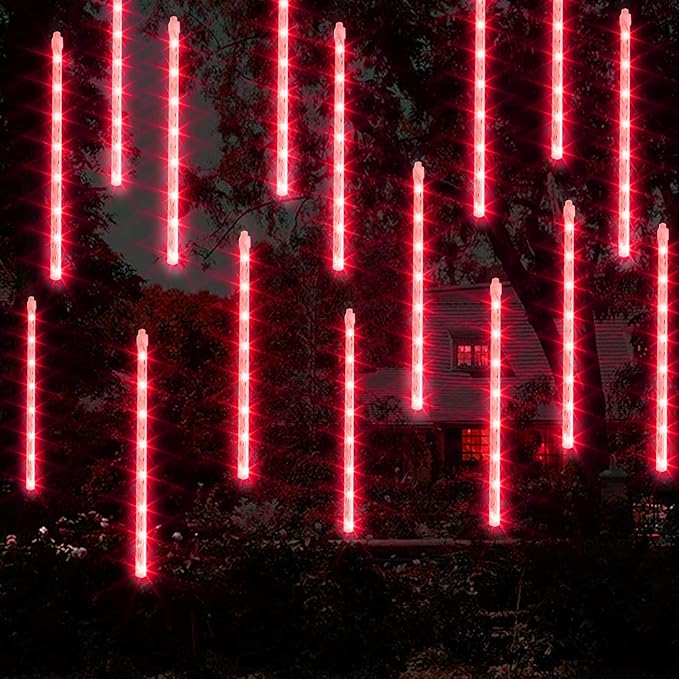 Dazzle Bright 288 LED Christmas Light, 11.8 Inch Meteor Shower Rain Lights with 8 Tubes，Waterproof Plug in Falling Rain Lights Christmas Decorations for Xmas Bushes Tree Yard Party (RED)