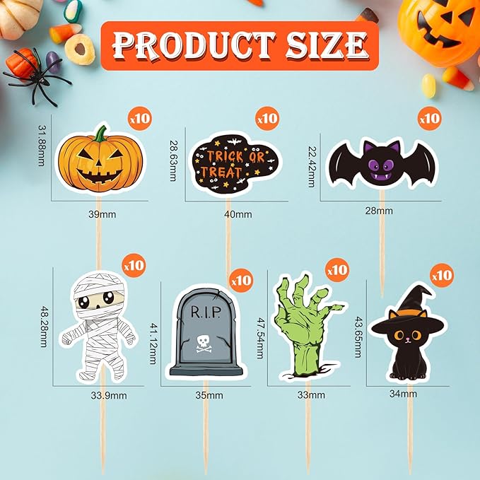 NACHLYNN 70pcs Halloween Cupcake Toppers Spooky Haunted House Night Party Fruit Cake Decoration Favors