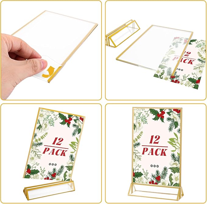 12 Pack Acrylic Sign Holder 4 x 6 Gold Picture Frames, Double Sided Flyer Display Holder Menu Holder, Acrylic Frames for Wedding Table Number