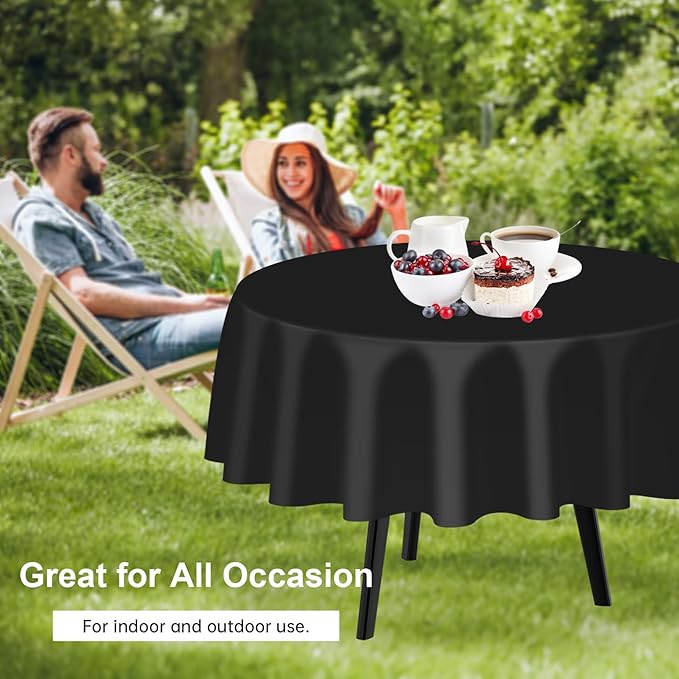 QIKSION Black Round Tablecloth 6 Pack, 84 Inch Plastic Table Cover Disposable for Parties