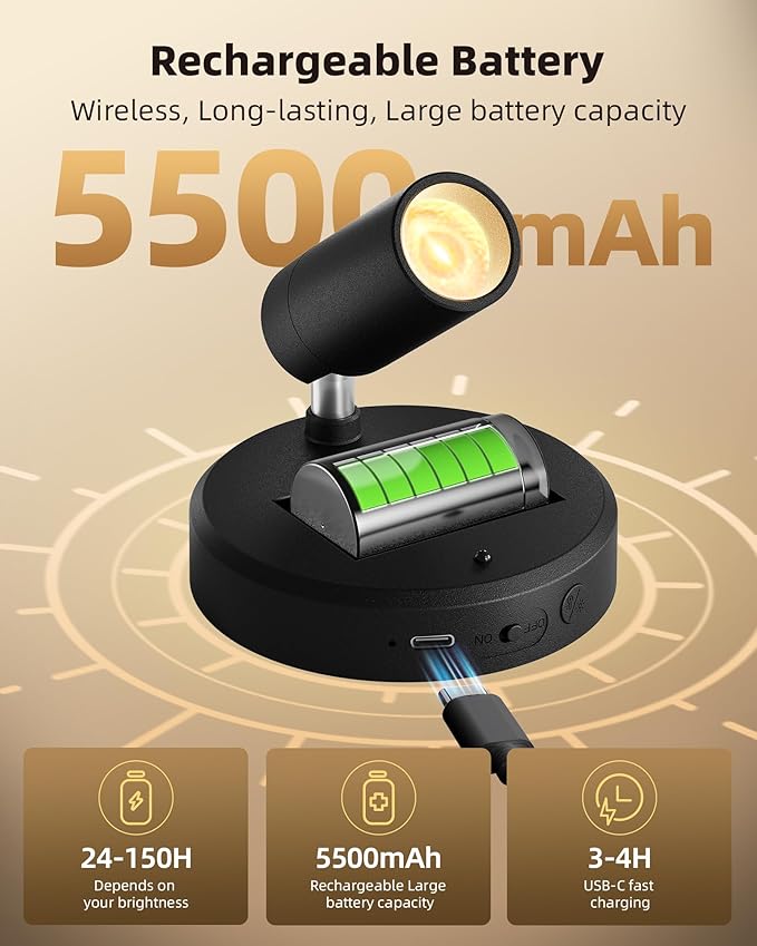 EZVALO Wireless LED Spotlights Indoor, 5500mAh Rechargeable Battery Powered Plants Spotlights Indoor, Dimmable & Timer, 3 CCT Small Up Lights with Remote, Accent Uplighting for Artwork,Tree(Black)