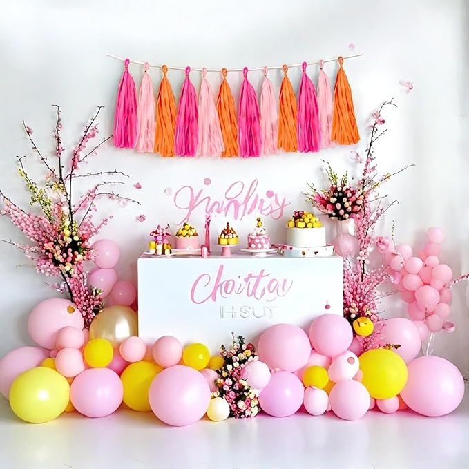 Rose red Pink and Orange Tassel Garland Banner Paper Tassels for Party Decorations,Pack of 15