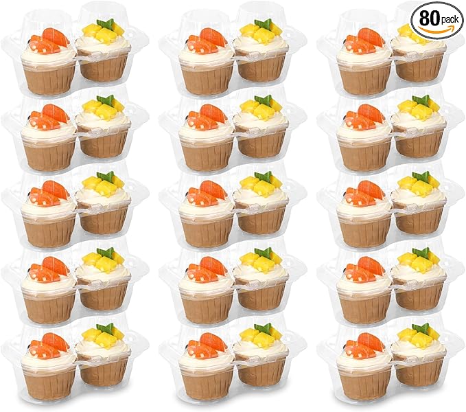 80 Pack Plastic Cupcake Containers 2-Compartment Clear Cupcake Boxes Disposable Cupcake Tray Holders 2 Cavity Cupcake Carriers with Deep Dome For Cupcake Muffin Packaging
