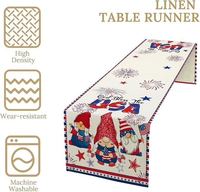 Cute Patriotic Gnomes Table Runner, American Independence Day 4th of July Gnome Blue Red Fireworks Confetti Print Table Runner for Home Kitchen Dining Table Party Decor, 13x108inch