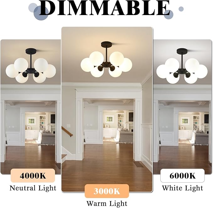 KCO Lighting 6 Lights Modern Semi Flush Mount Ceiling Light Fixture Glass Globe Sputnik Chandelier Ceiling Lighting Mid Century Black Close to Ceiling Light