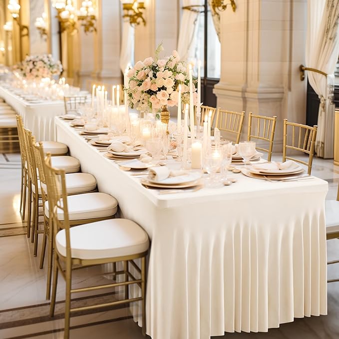 Wish Care 2 Pack Ivory Spandex Table Clothes for 6 Foot Rectangle Tables, 6FT Wrinkle Free Fitted Tablecloths Ruffles Design Table Cover for Party, Banquet, Wedding and Events