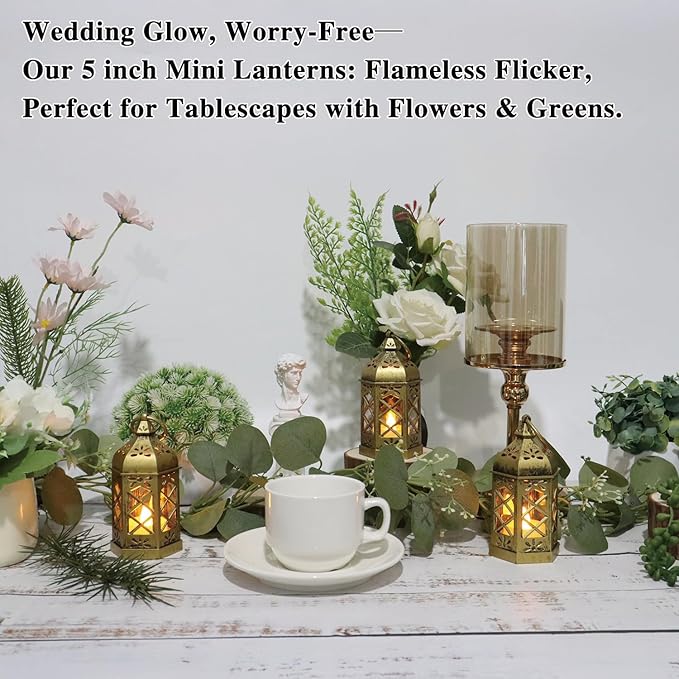 Mini Lantern with Flickering LED Candles for Halloween, LLQ (8Pack-5Inch) Vintage Decorative Candle Lanterns for Christmas Wedding Party Baby Shower Table Centerpiece, Xmas Tree Hanging Ornaments
