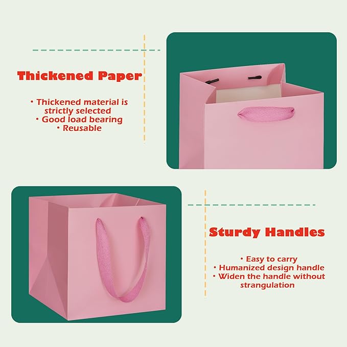 ADIDO EVA Pink Square Gift Bags Mini Small Size Square Bottom Paper Bags with Handles for Party Favor, Shopping Packaging Bags (4x4x4 In, 10 CT)