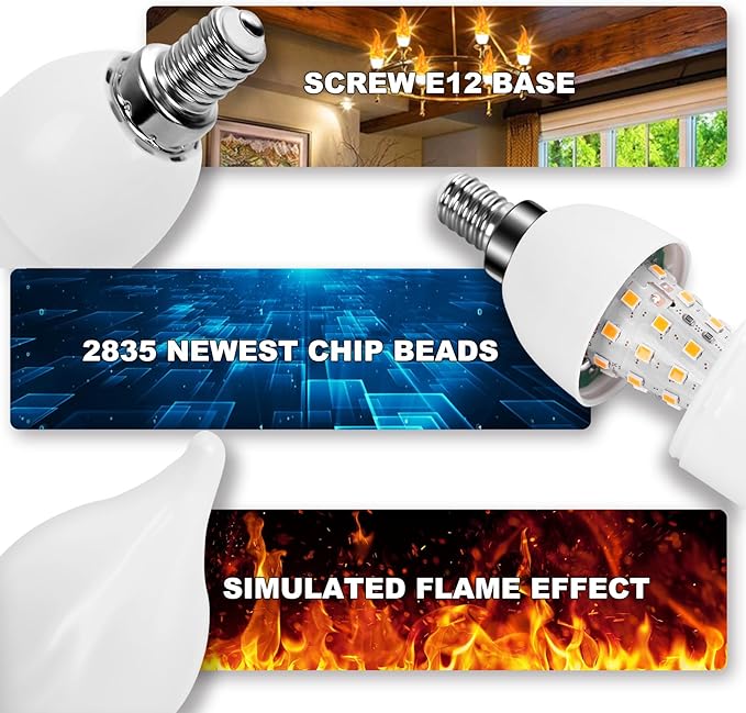 E12 LED Flickering Candelabra Flame Effect Light Bulbs - Upgrade Flicker Candelabra Torch Fire Effect Lights Bulbs for Outdoor Halloween Xmas Holiday Decorations Indoor Lamp (6 Pack)