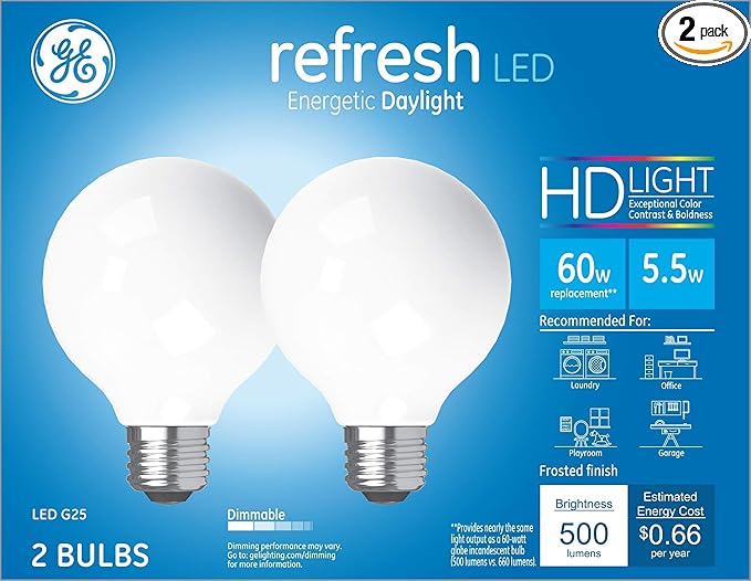 GE Refresh LED Light Bulbs, 60 Watt, Daylight, G25 Globe Bulbs, Medium Base (2 Pack)