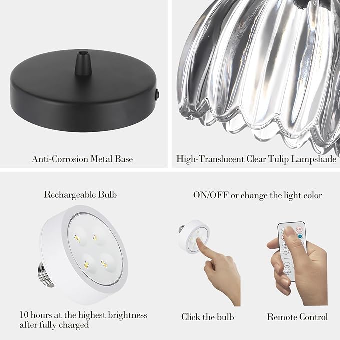 Vintage Black Rechargeable Pendant Light with 70 Inch Cord and Exquisite Tulip Clear Glass Shade for Kitchen Island, Living Room & Dining Room, Ideal Hanging Light for Multiple Spaces