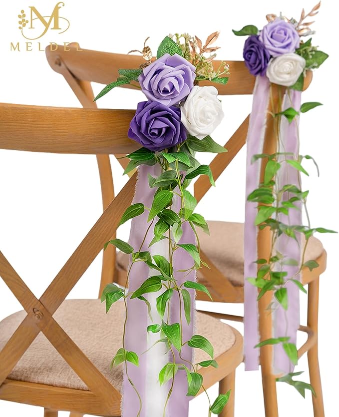 Meldel Wedding Chair Decorations Set of 10 Aisle Artificial Flowers White Puprle Rose Garland with Hanging Ribbons for Ceremony Reception Church Arrangement Party Wedding Decor