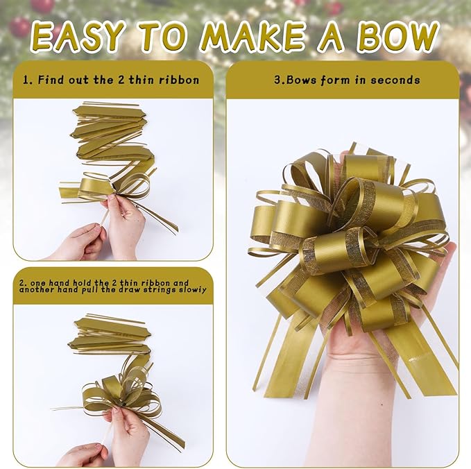 6Pcs 6inch Pull Bow Gift Wrapping,Pull Bow For Gift Basket, Gift Bag Box Wrapping Decor, Valentines Day, Birthday, Anniversary, Wedding, Flower Packaging (Golden)