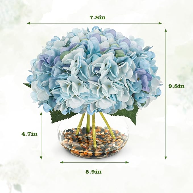 N&T NIETING Artificial Hydrangea Flowers with Vase Blue Silk Fake Flowers Faux Hydrangea Flowers with Faux Water Riverstones for Home Office Table Room Wedding Centerpiece Decorations